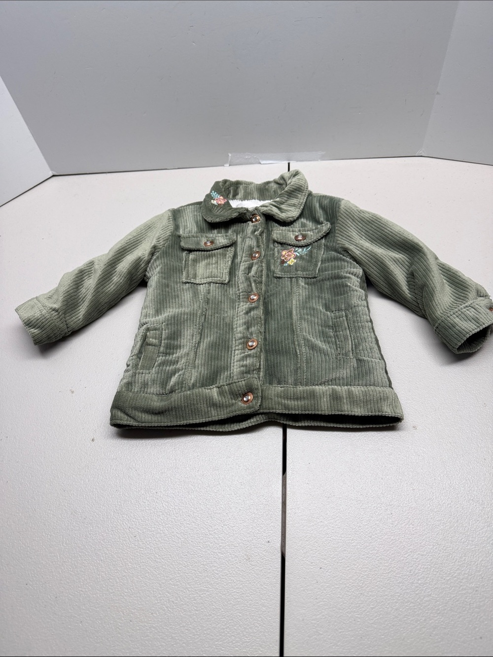 Girls' Sage Green Corduroy Button Jacket with Floral Embroidery